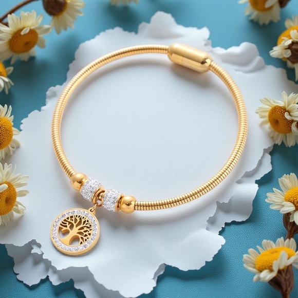 ๐๏ธ18K Gold Plated Stainless Steel Bangle with Tree of Life Charm FREE Earrings - Picture 11 of 13